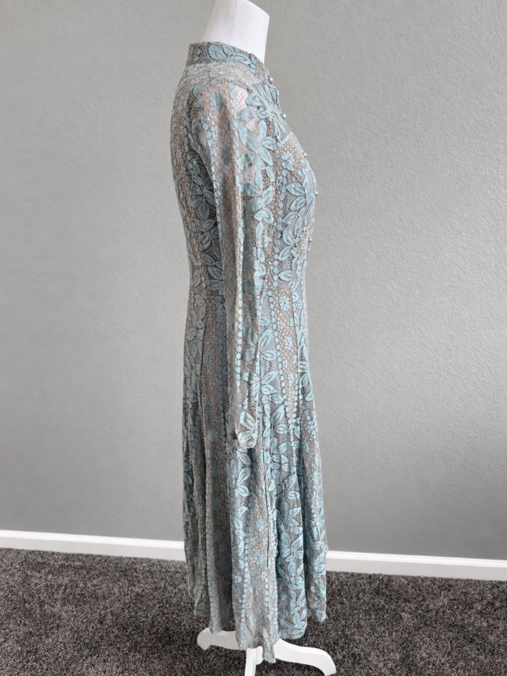 AIZHE Blue Gray Floral Lace Romantic Midi Dress Pearl Button Long Sleeve Medium - Picture 7 of 12